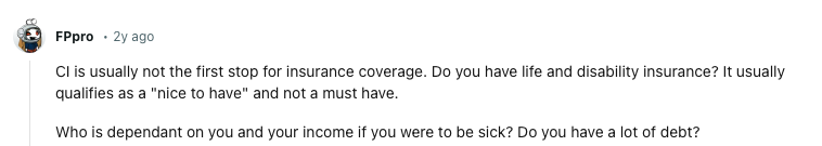 Reddit comment about critical illness insurance negative