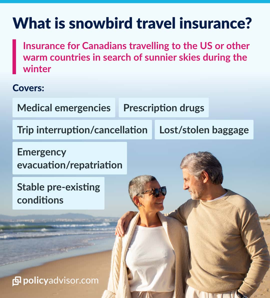 Travel insurance for Canadian snowbirds covers several things.
